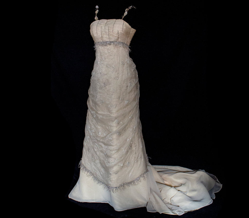 336 - DARK BEIGE SILK EMPIRE WEDDING DRESS: VINTAGE 90s GOWN WITH ROARING 20s DETAILS & SILVER EMBROIDERY - Vague atelier