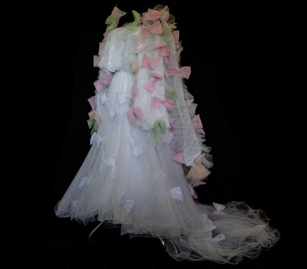 363 - VINTAGE 90s UPCYCLED TULLE 3-PIECE WEDDING DRESS: EMBROIDERED GOWN WITH HANDMADE BOWS AND CAPE