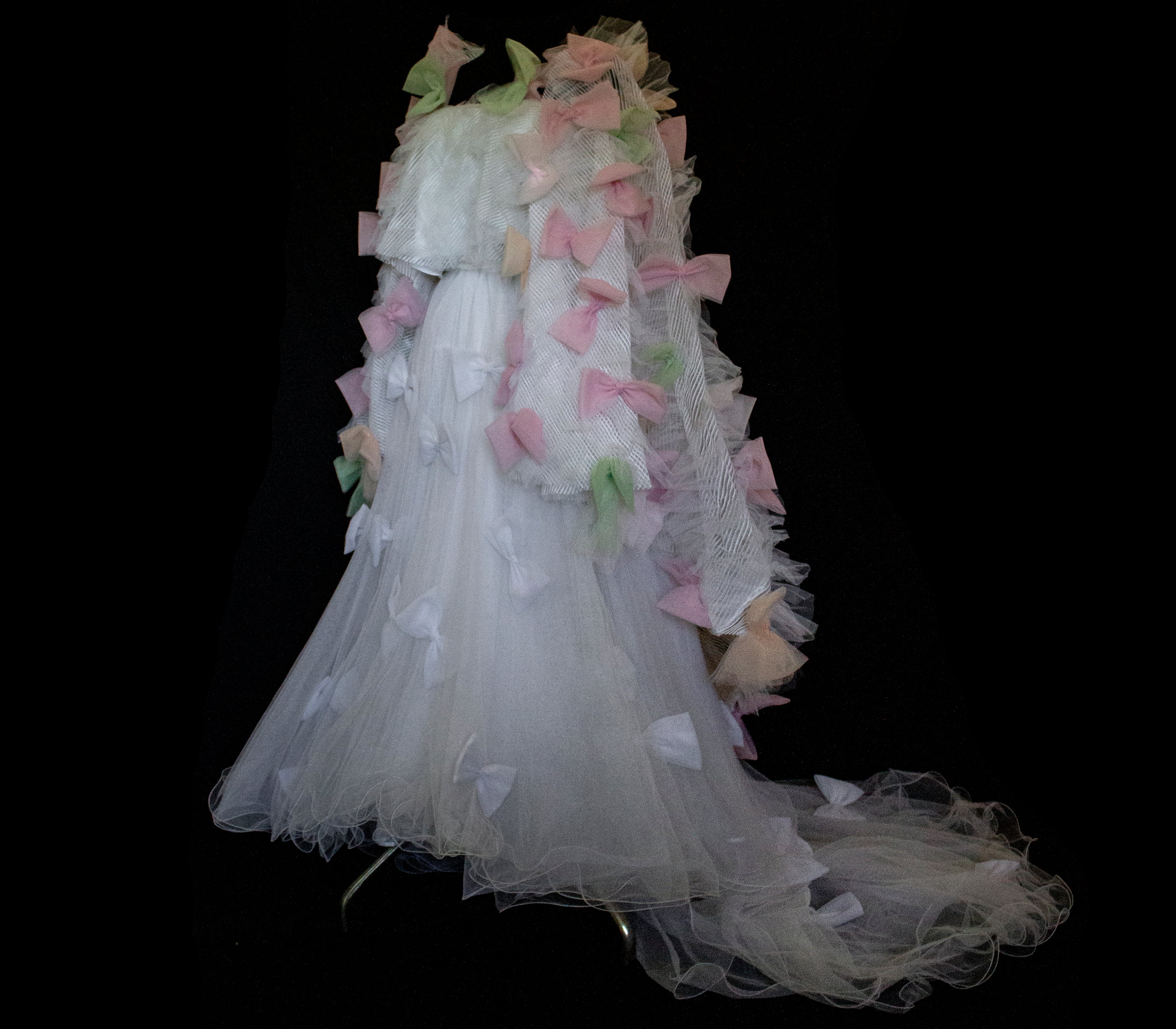 363 - VINTAGE 90s UPCYCLED TULLE 3-PIECE WEDDING DRESS: EMBROIDERED GOWN WITH HANDMADE BOWS AND CAPE