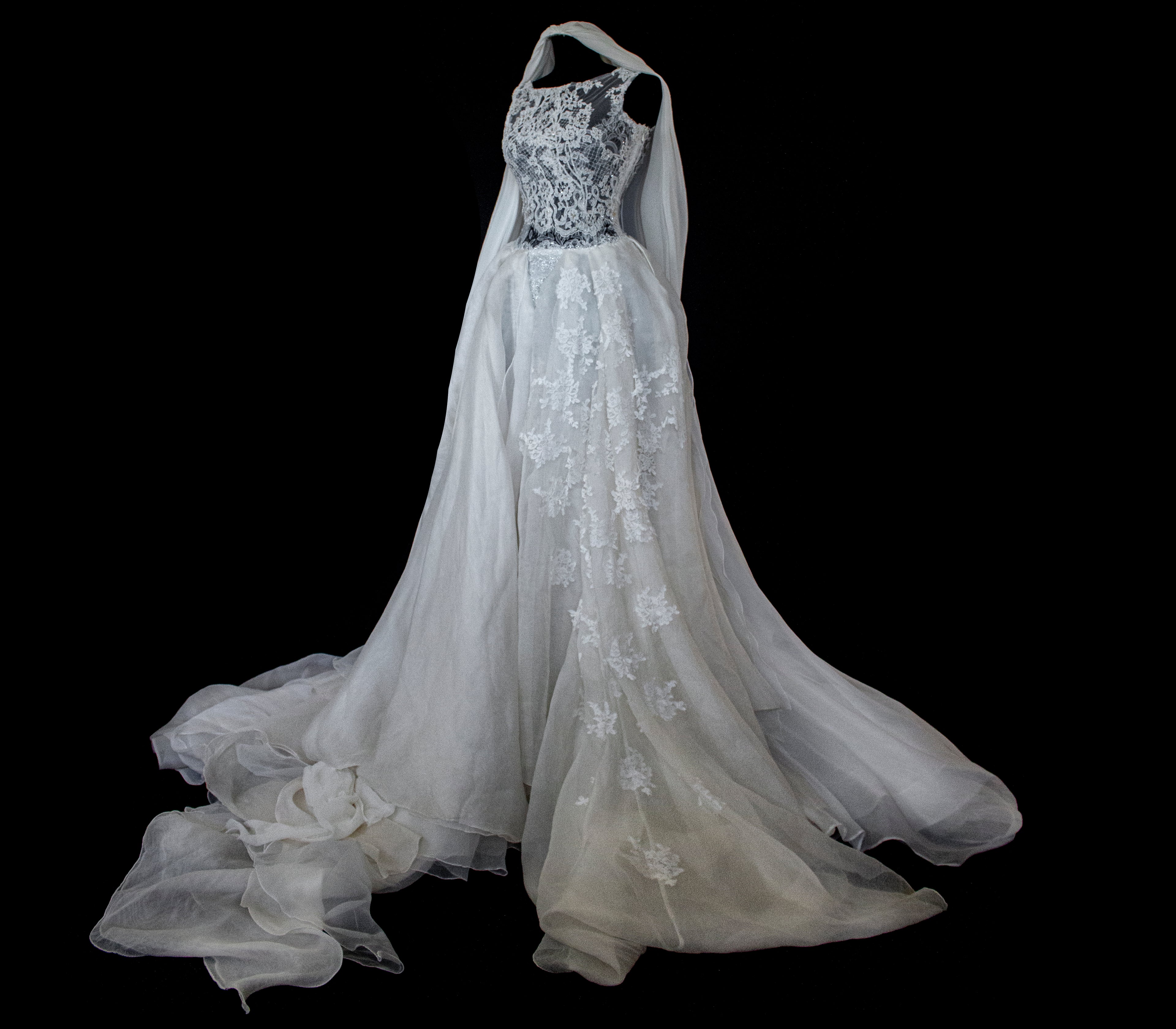 331 - ONE OF A KIND UPCYCLED VINTAGE BRIDAL GOWN: ASYMMETRIC LAYERED SILK CLOUD SKIRT & EMBROIDERED LACE - Vague atelier