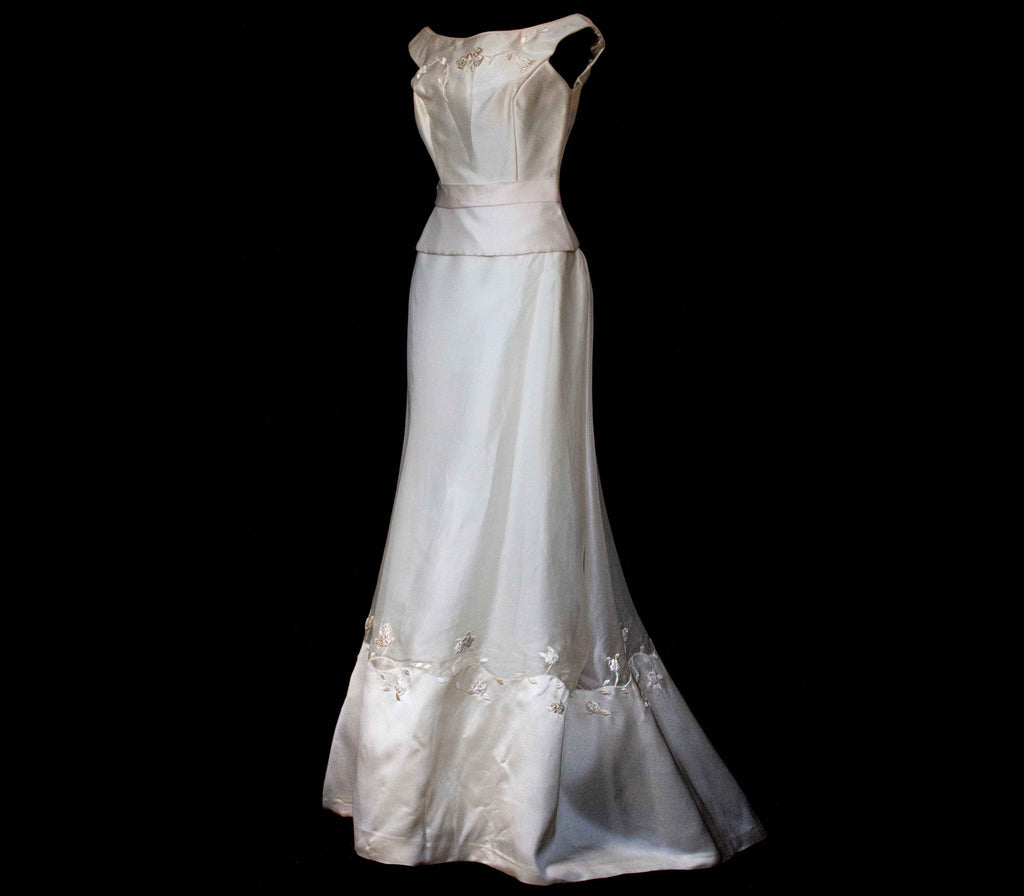 275 - MINIMALIST ELEGANT VINTAGE SILK ORGANZA BRIDAL SET: BATEAU TOP & A-LINE SKIRT WITH BACK BOW