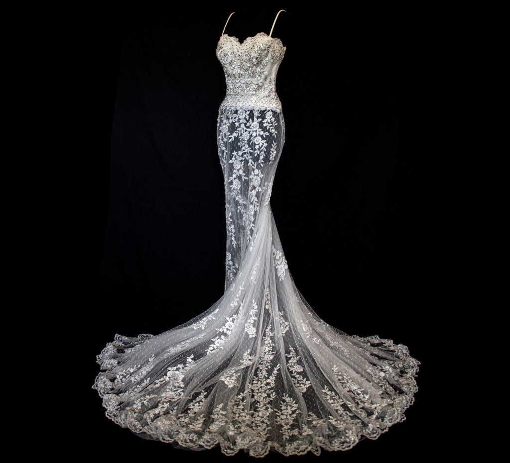 239 - VINTAGE OFF-WHITE MERMAID SWAROVSKI WEDDING DRESS: GOWN WITH NUDE POLKA DOT TULLE & SILVER FLORAL EMBROIDERY