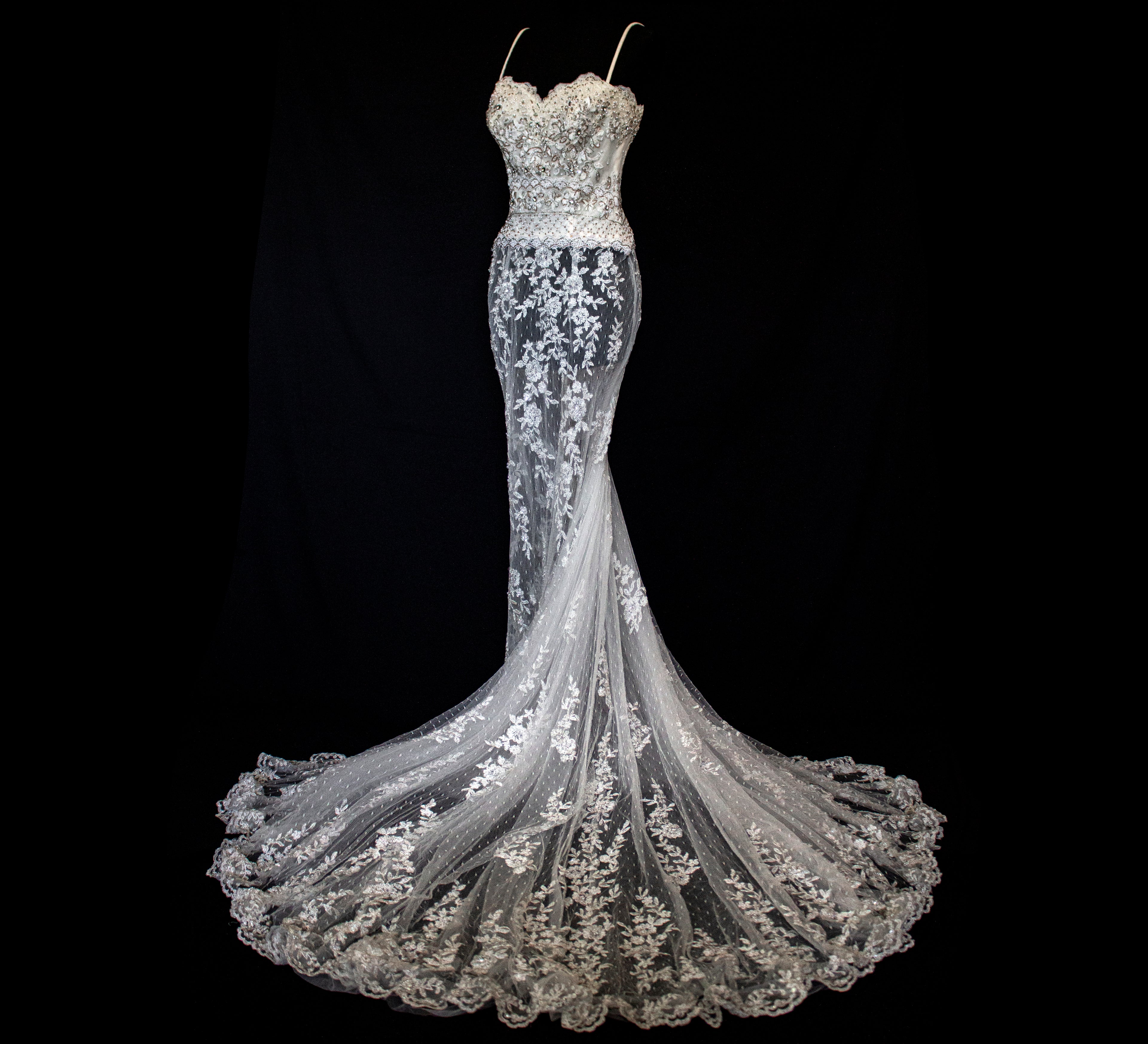 239 - VINTAGE OFF-WHITE MERMAID SWAROVSKI WEDDING DRESS: GOWN WITH NUDE POLKA DOT TULLE & SILVER FLORAL EMBROIDERY