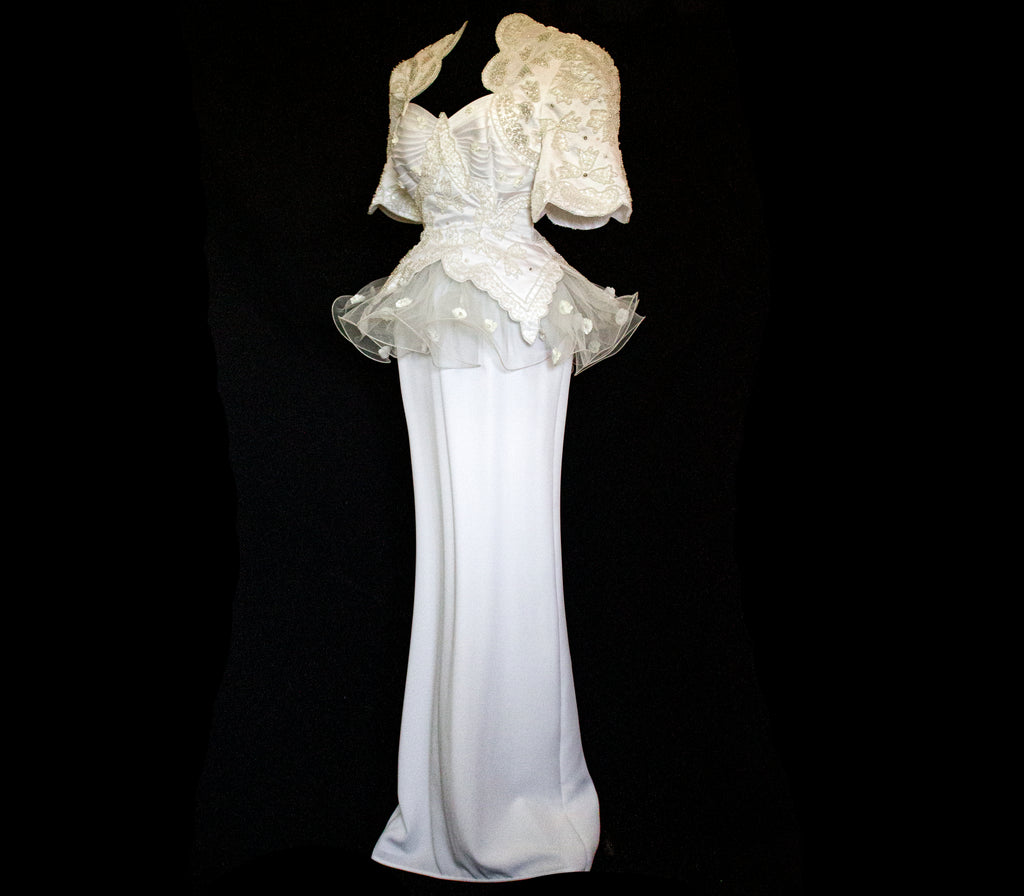 Vintage 80s Sheath Wedding Dress | Hand Embroidered Bridal Gown with Slit - 366