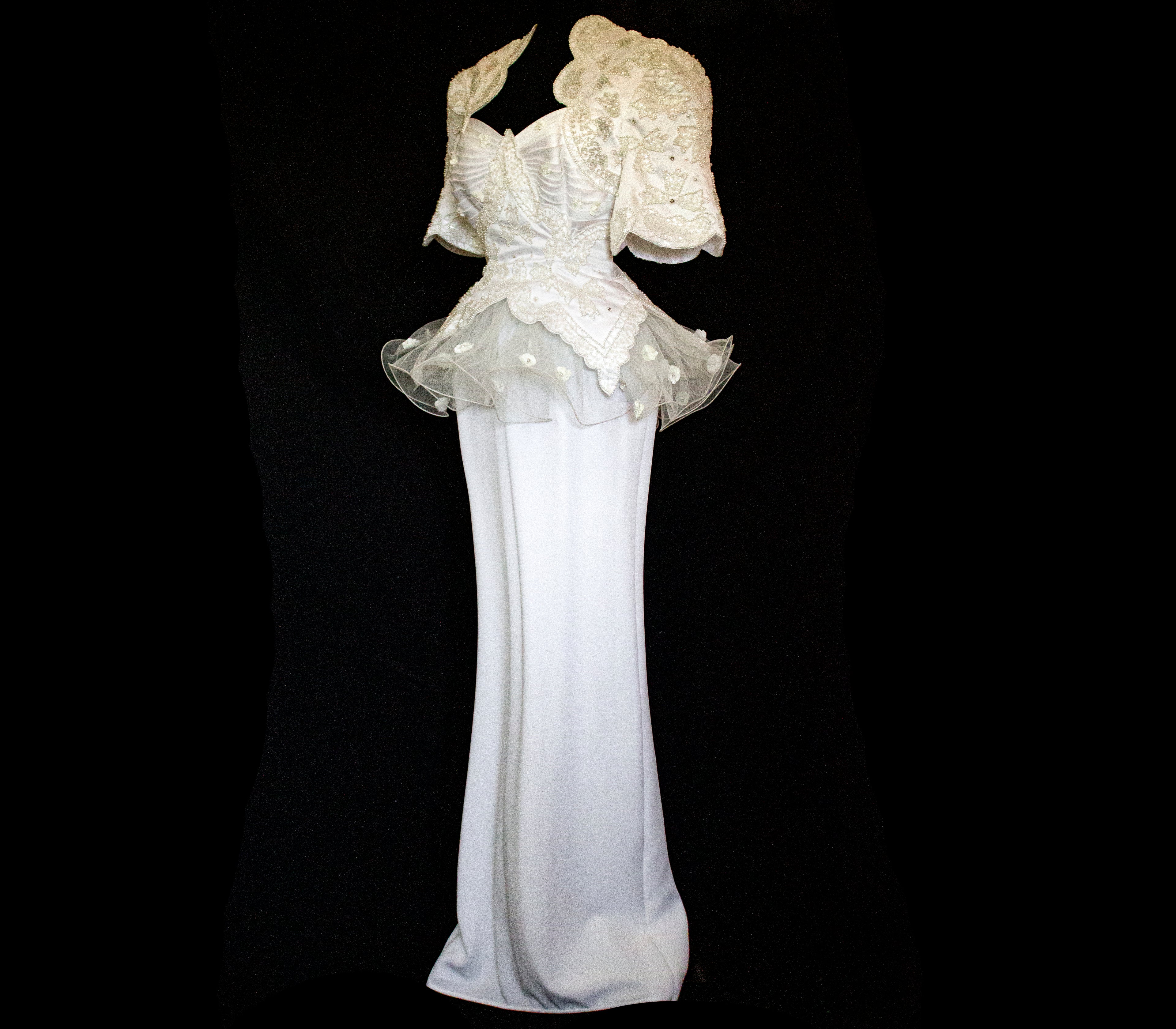 Vintage 80s Sheath Wedding Dress | Hand Embroidered Bridal Gown with Slit - 366