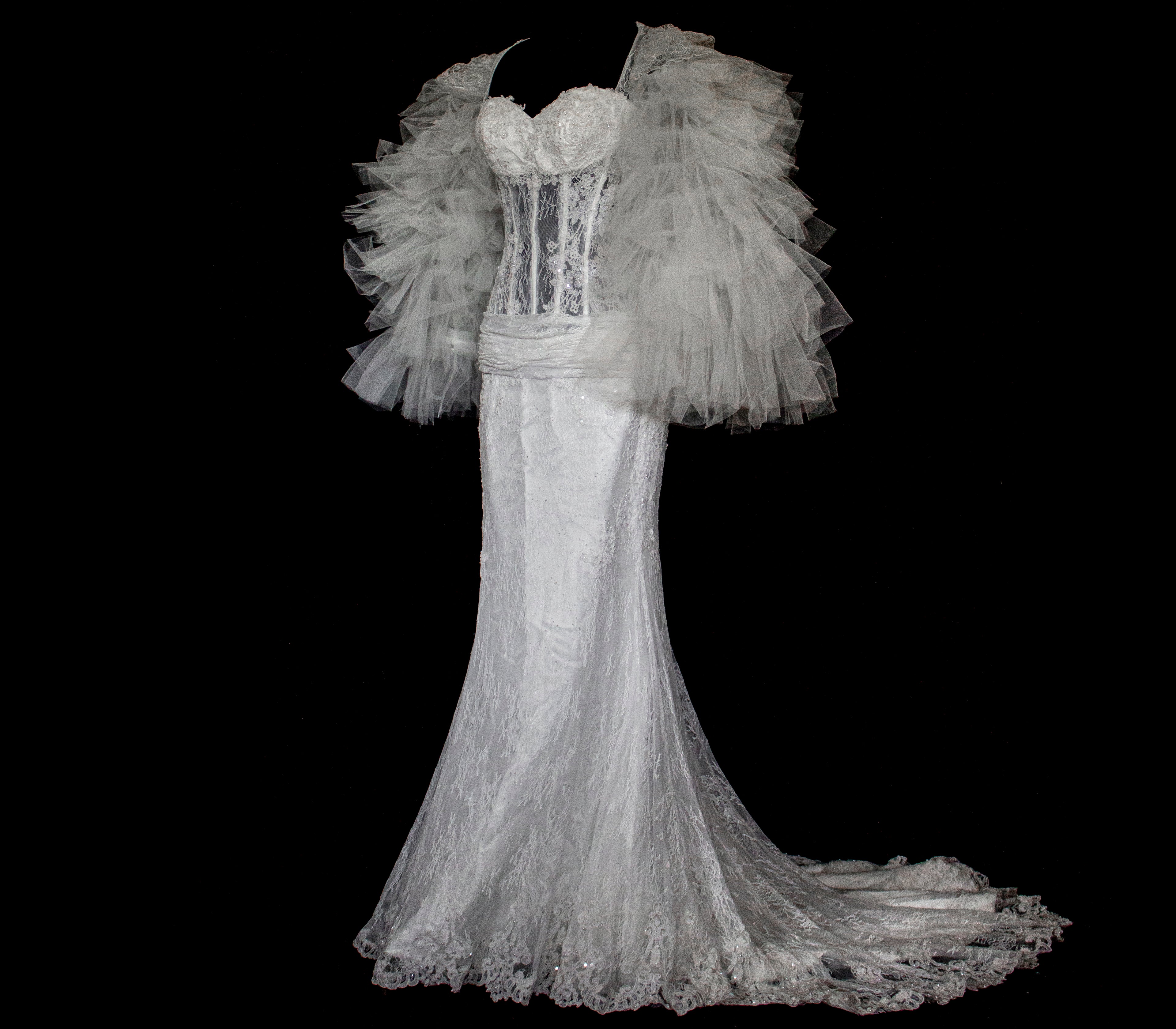 281 - SENSUAL BACKLESS BRIDAL GOWN: NUDE EFFECT EMBROIDERY & VAPOROUS TULLE RUFFLE SLEEVES