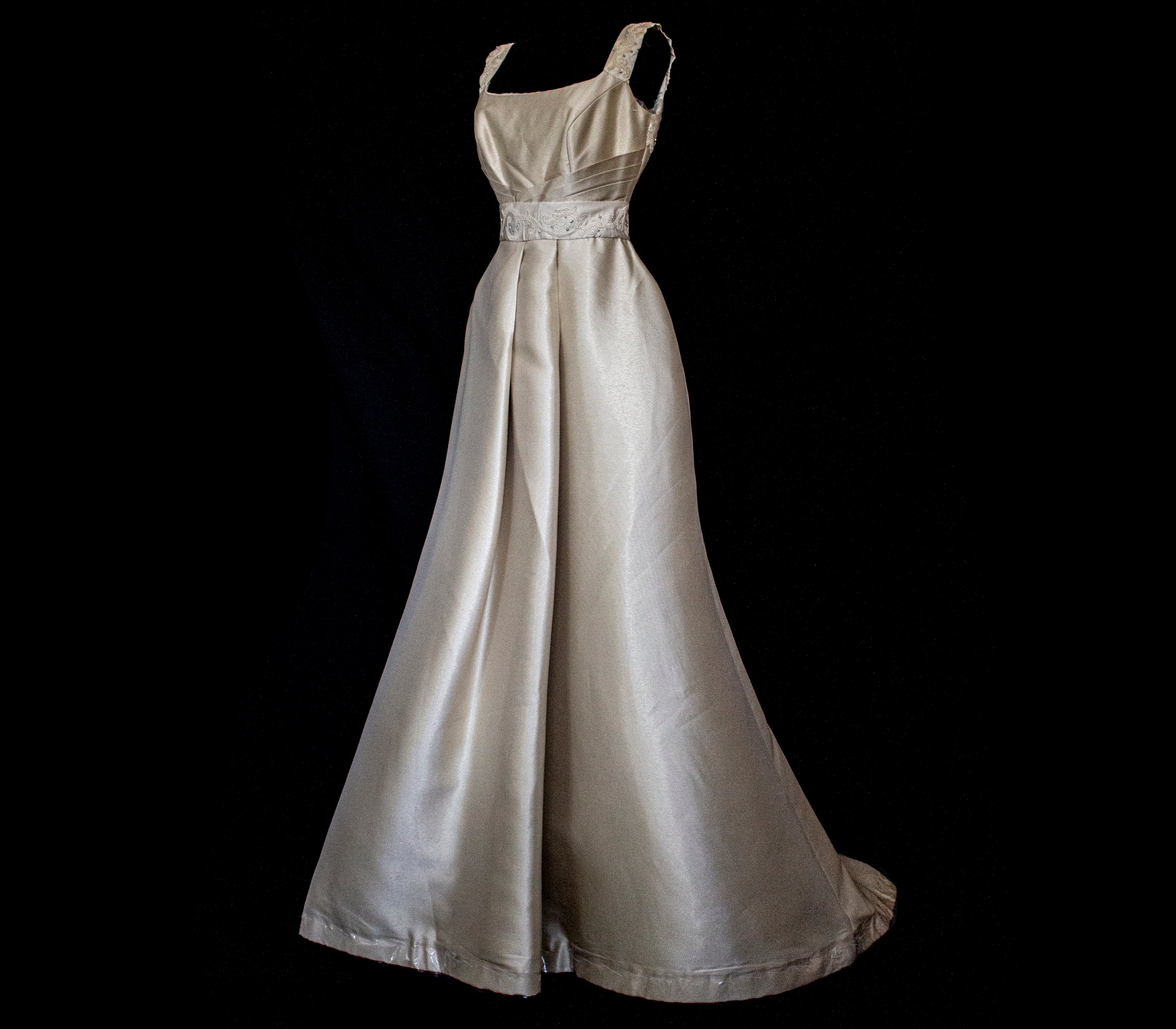 307 - REGAL BRONZE SILK MIKADO WEDDING DRESS: A-LINE GOWN WITH ANTIQUE 1960S EMBROIDERY