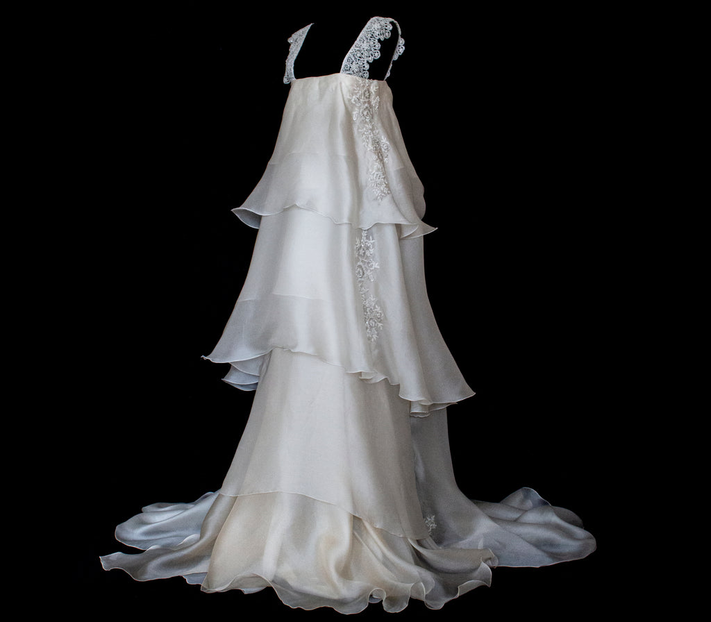 344 - UNIQUE UPCYCLED SILK ORGANZA WEDDING DRESS: PEARL GREY & BRONZE RUFFLED GOWN, SILVER EMBROIDERY, LUXURY SUSTAINABLE BRIDAL DRESS - Vague atelier