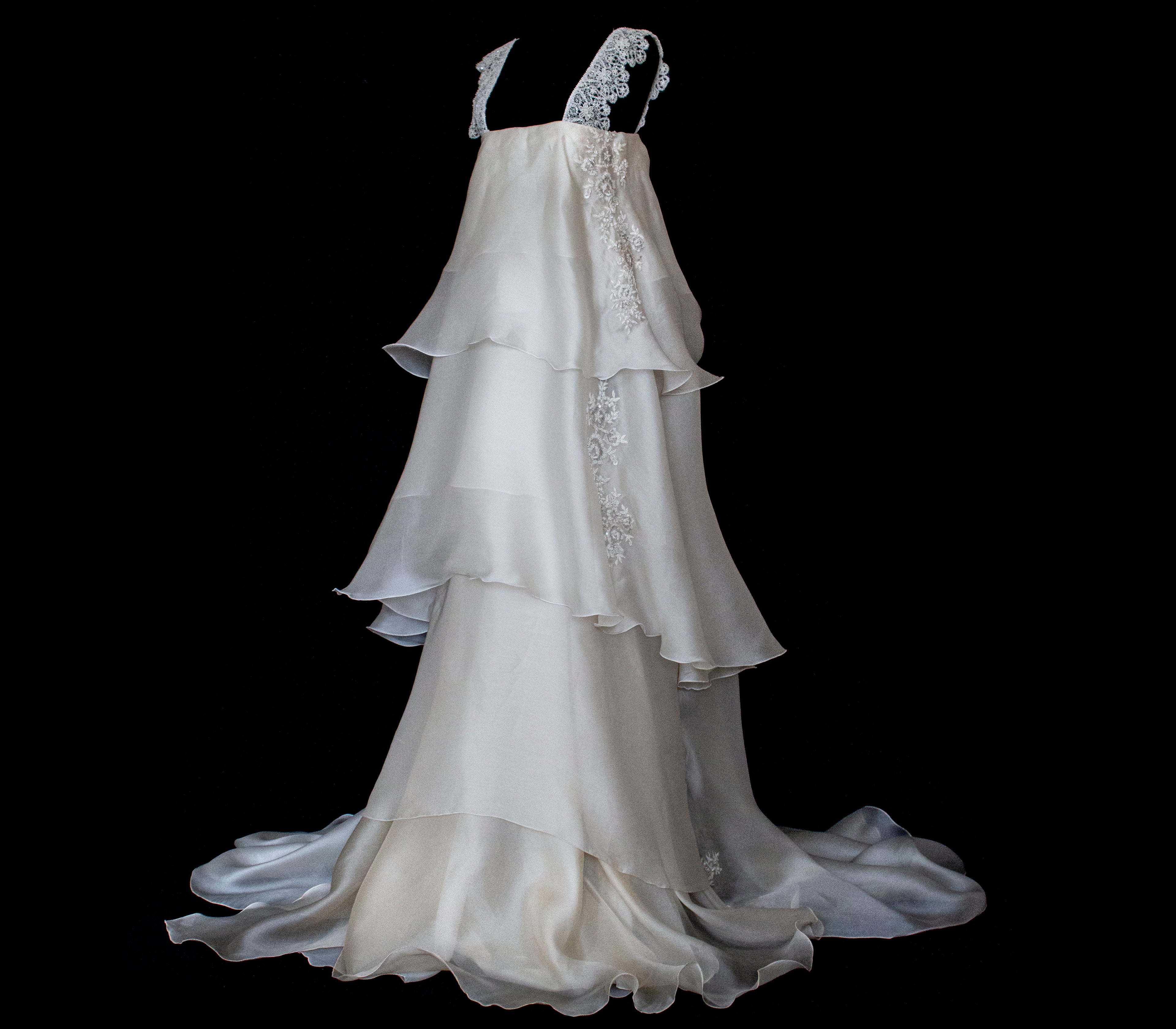 344 - UNIQUE UPCYCLED SILK ORGANZA WEDDING DRESS: PEARL GREY & BRONZE RUFFLED GOWN, SILVER EMBROIDERY, LUXURY SUSTAINABLE BRIDAL DRESS - Vague atelier