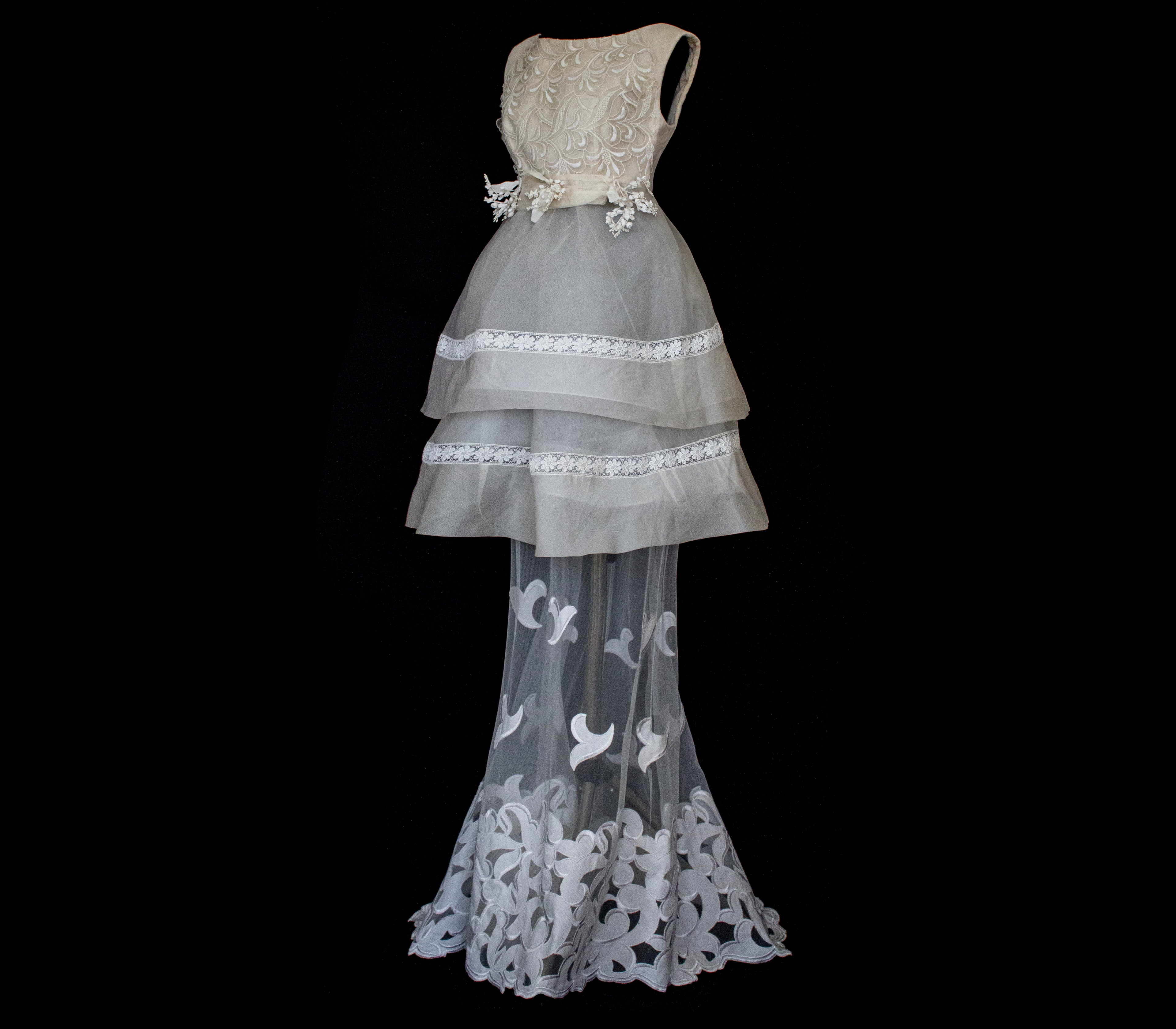 315 - UNIQUE MULTILAYER FLORAL BRIDAL GOWN: 1940S PEPLUM & UPCYCLED MULTI-ERA VINTAGE LACE DRESS