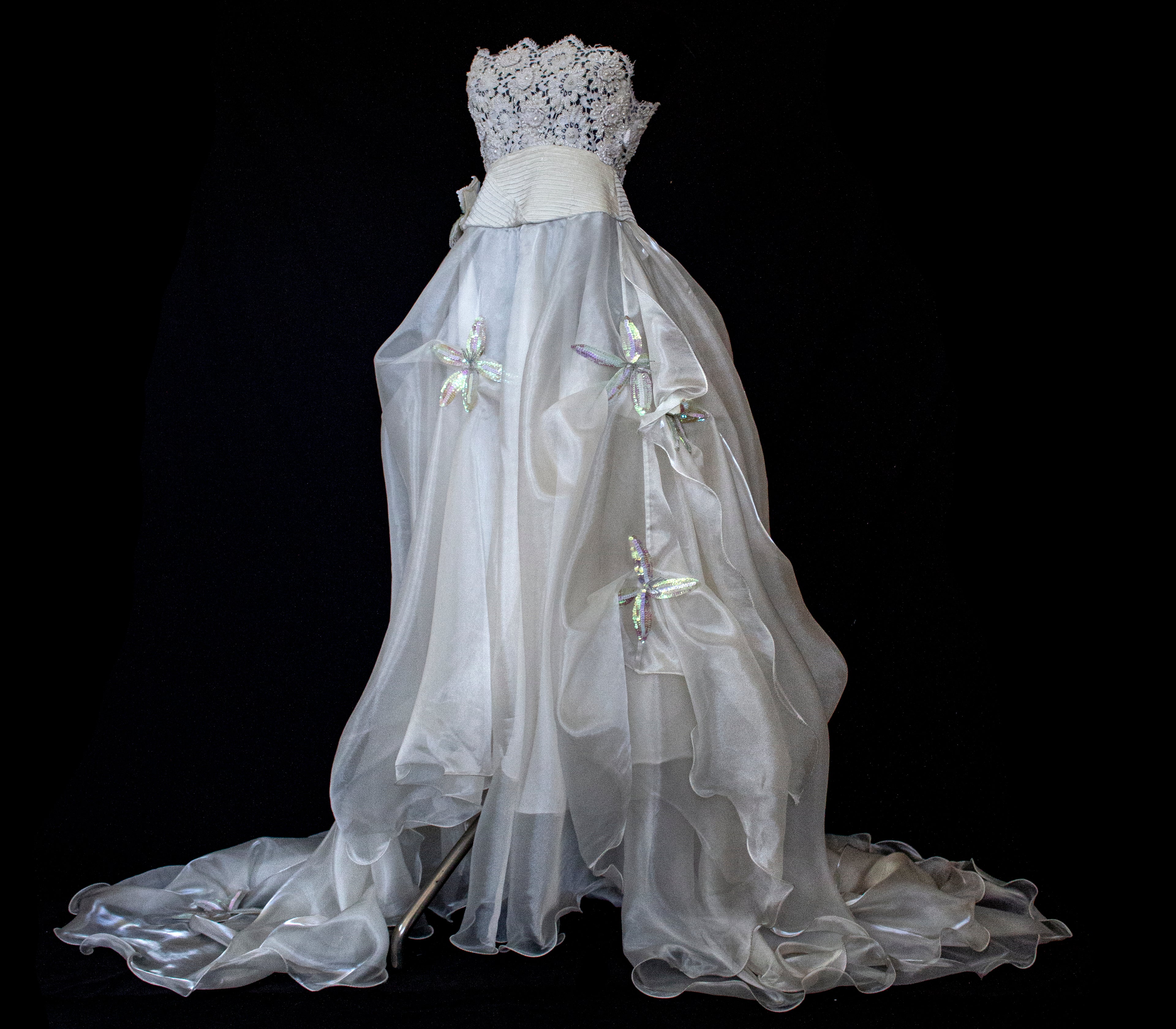 352 - UNIQUE 80S VINTAGE UPCYCLED WEDDING DRESS: EMPIRE WAIST SILK BRIDAL GOWN WITH IRIDESCENT ORGANZA & SEQUIN MAXI FLOWERS - Vague atelier