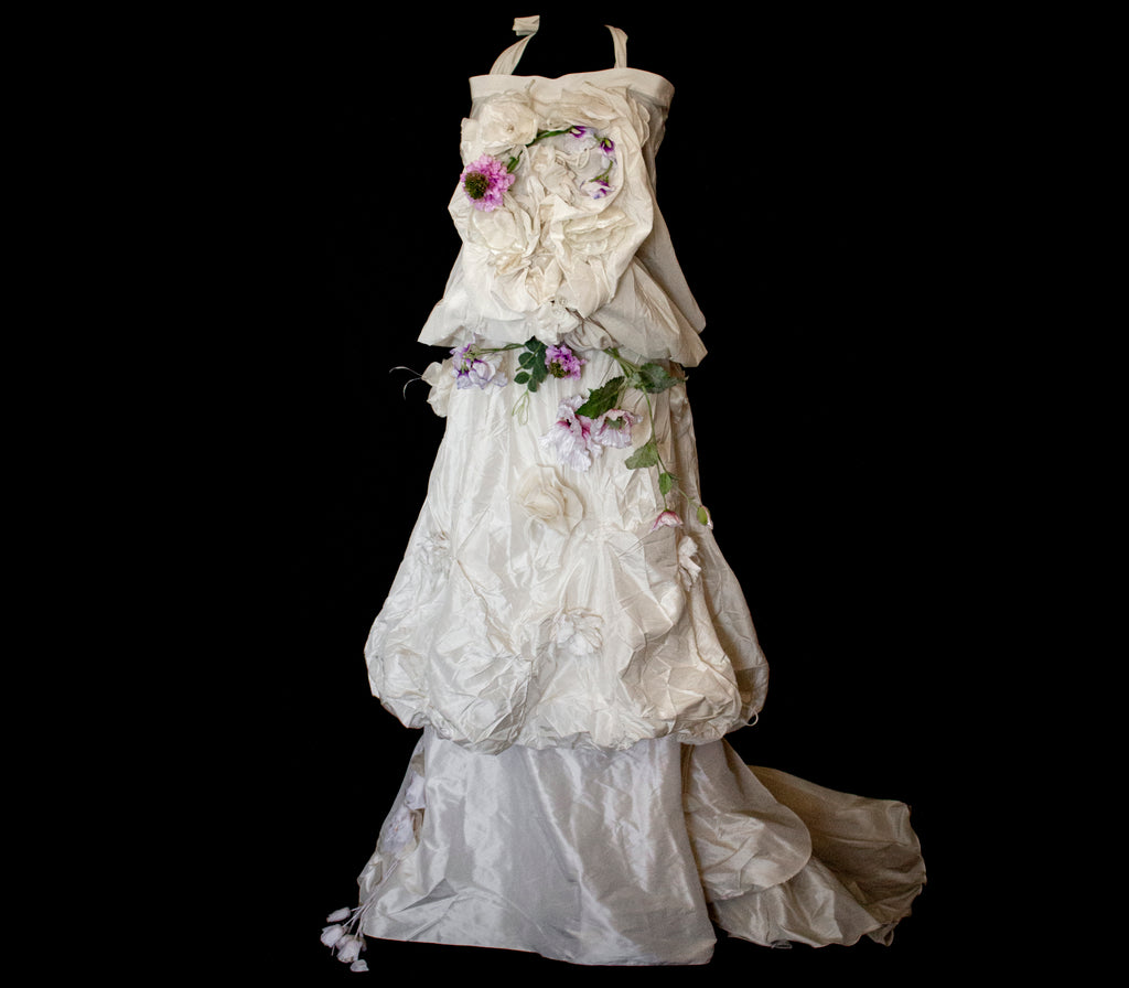 297- UNIQUE ROMANTIC VINTAGE SILK TAFFETA ENSEMBLE: BALLOON TOP & 3D MULTICOLOR FLORAL SKIRT - Vague atelier