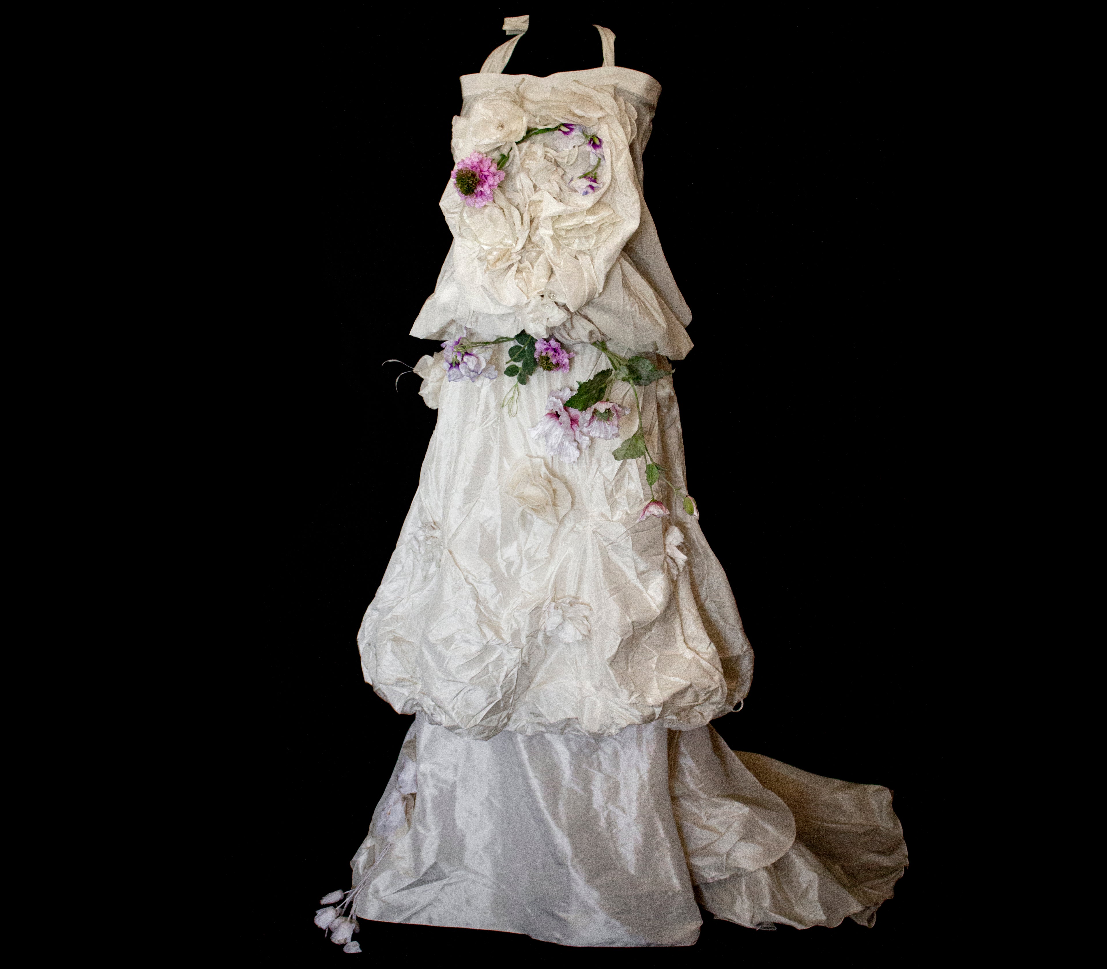 297- UNIQUE ROMANTIC VINTAGE SILK TAFFETA ENSEMBLE: BALLOON TOP & 3D MULTICOLOR FLORAL SKIRT - Vague atelier