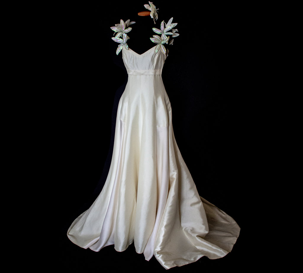 262 - RARE VINTAGE CHAMPAGNE BRIDAL GOWN: SILK MIKADO WITH AUTHENTIC 80S SEQUIN MAXI FLOWERS