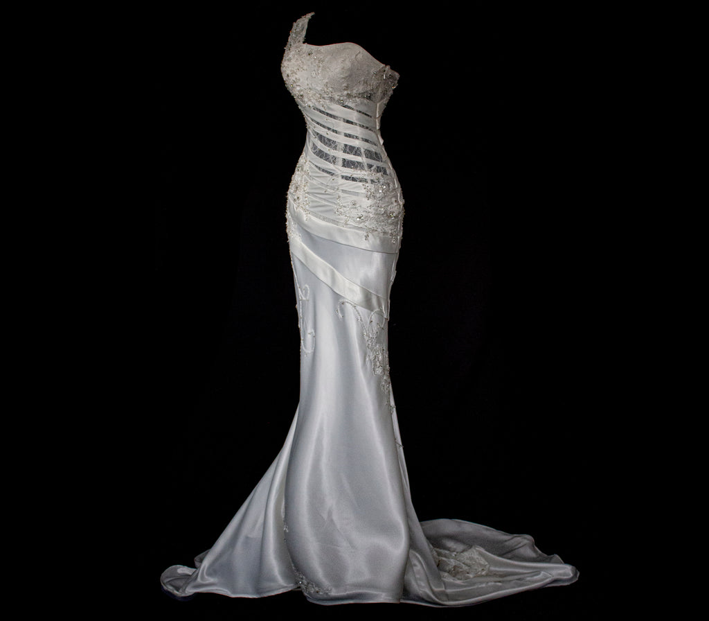 328 - SENSUAL Y2K VINTAGE BRIDAL MERMAID: SHEER ONE-SHOULDER STRETCH SATIN WITH EMBROIDERY - Vague atelier