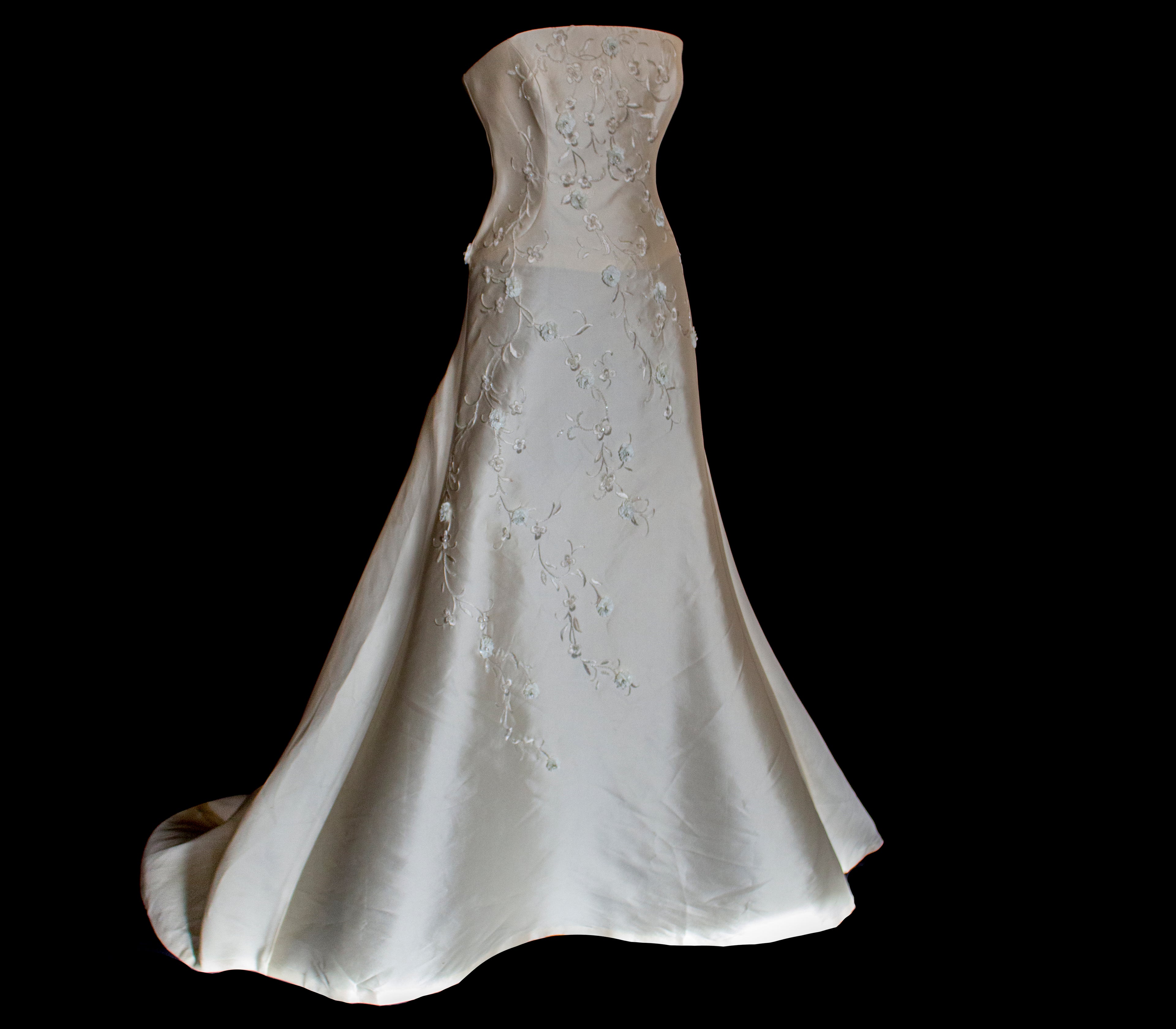 327 - MINIMALIST VINTAGE SILK MIKADO SHEATH: ICE JEWEL EMBROIDERY & FLOWY LONG TRAIN