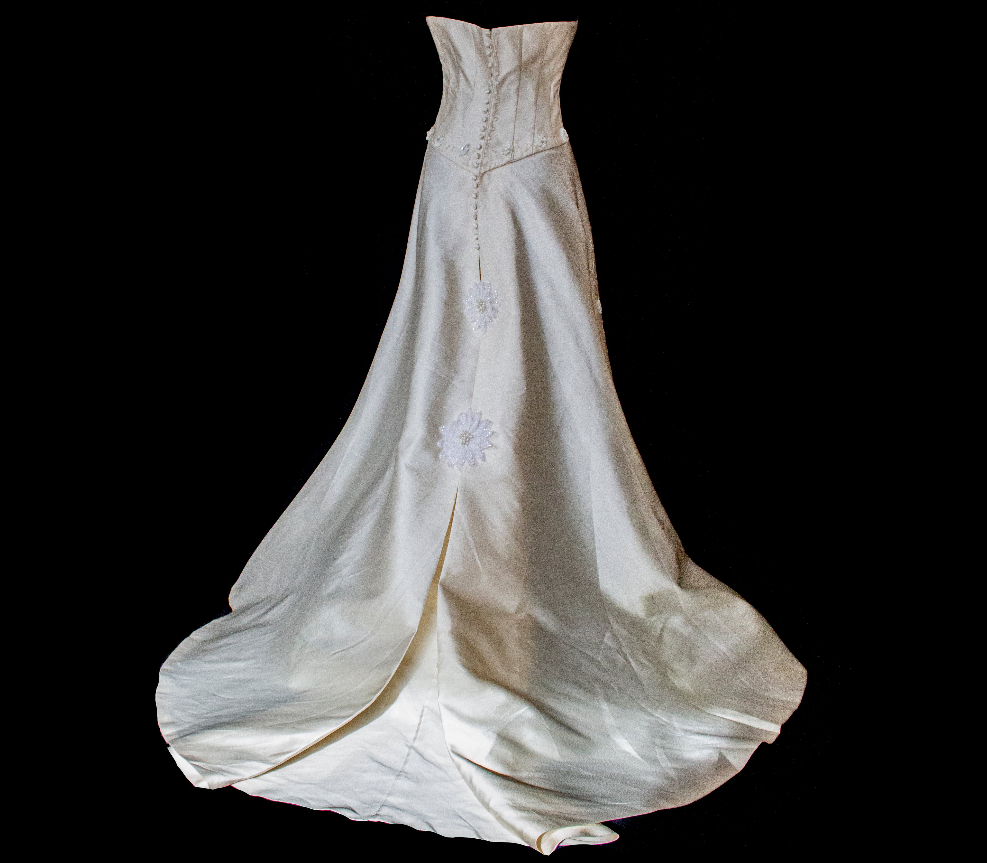 327 - MINIMALIST VINTAGE SILK MIKADO SHEATH: ICE JEWEL EMBROIDERY & FLOWY LONG TRAIN