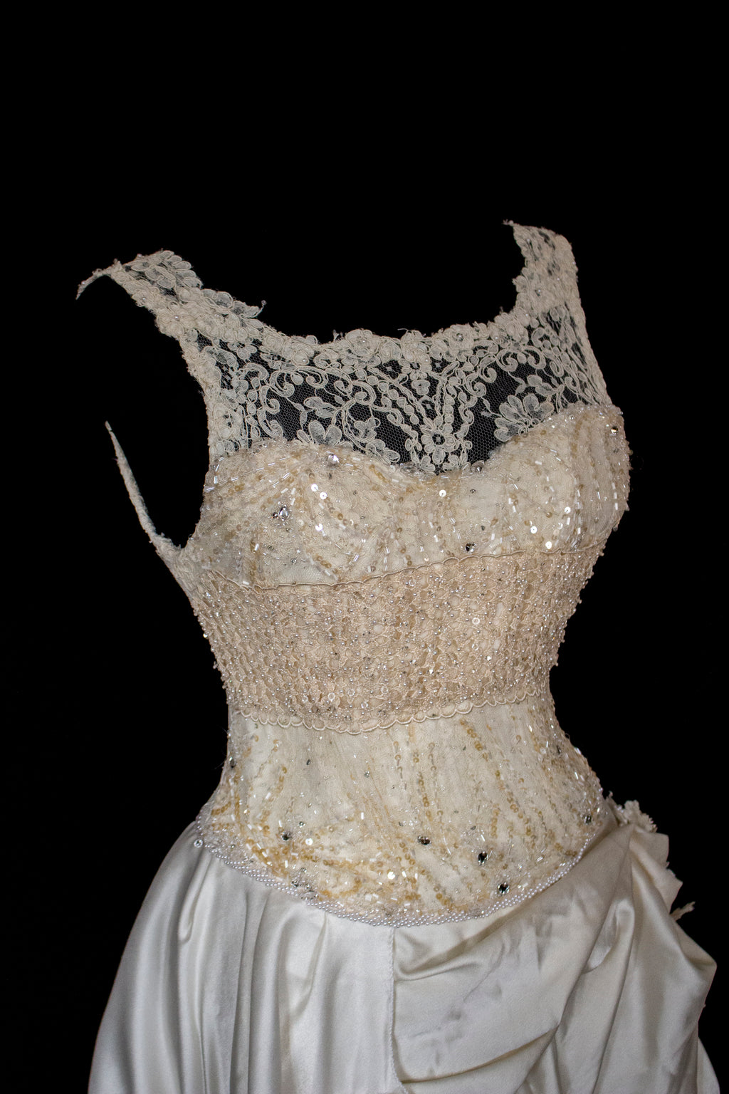 337 - IVORY CHAMPAGNE UPCYCLED COUTURE WEDDING DRESS: MIXED VINTAGE SILKS WITH HAND-EMBROIDERED LACE & FLORAL RAMAGE - Vague atelier