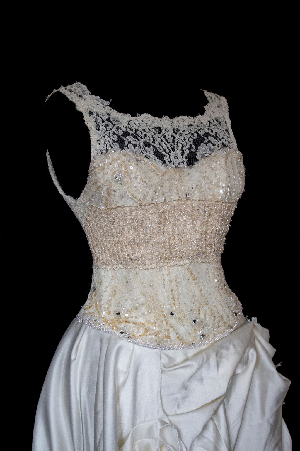 337 - IVORY CHAMPAGNE UPCYCLED COUTURE WEDDING DRESS: MIXED VINTAGE SILKS WITH HAND-EMBROIDERED LACE & FLORAL RAMAGE - Vague atelier