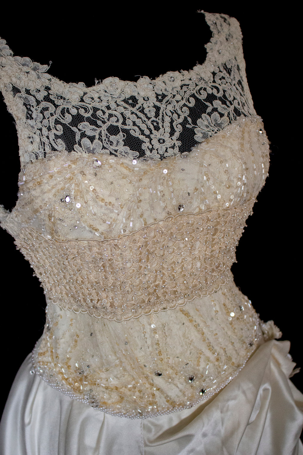 337 - IVORY CHAMPAGNE UPCYCLED COUTURE WEDDING DRESS: MIXED VINTAGE SILKS WITH HAND-EMBROIDERED LACE & FLORAL RAMAGE - Vague atelier