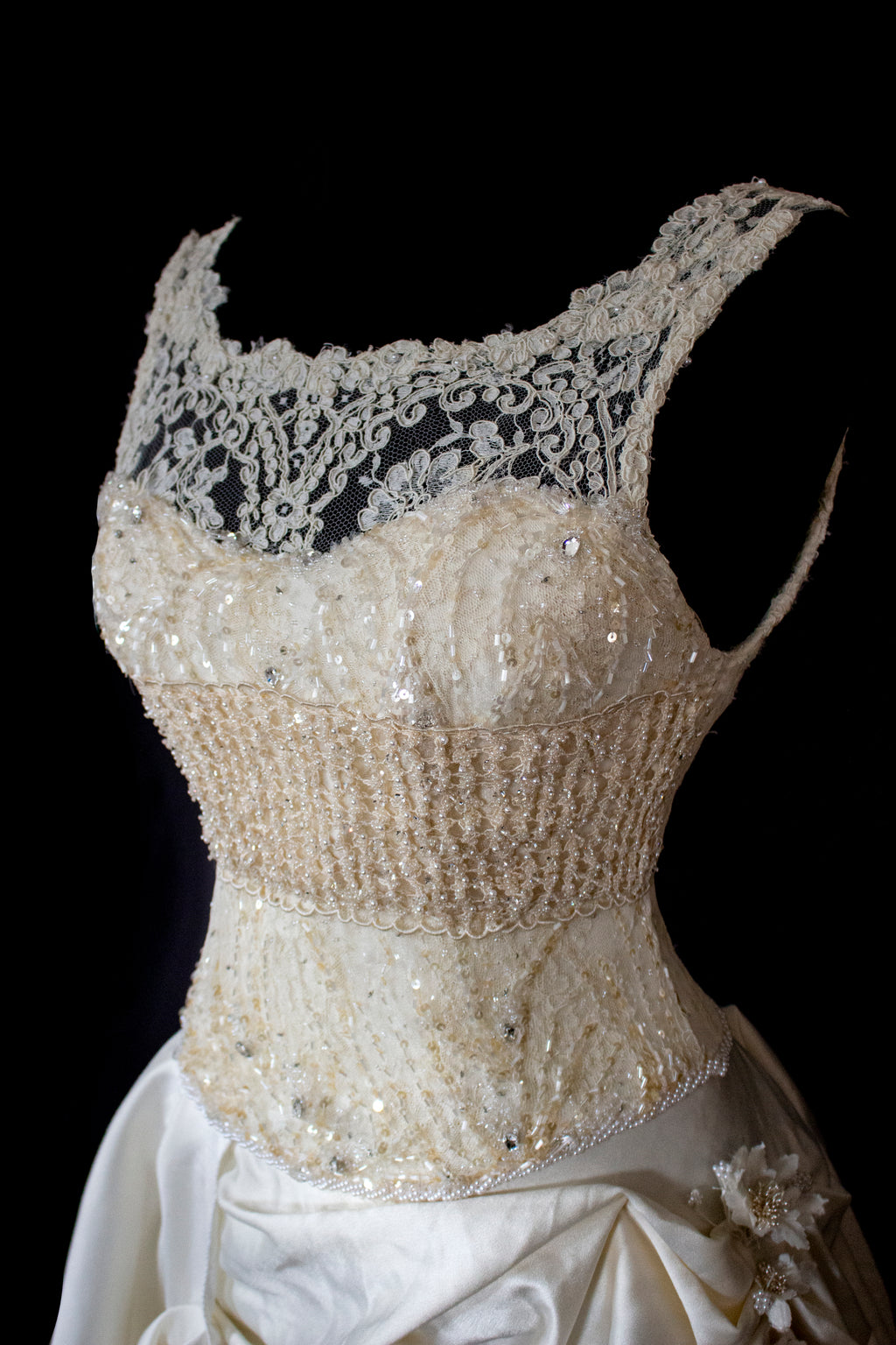 337 - IVORY CHAMPAGNE UPCYCLED COUTURE WEDDING DRESS: MIXED VINTAGE SILKS WITH HAND-EMBROIDERED LACE & FLORAL RAMAGE - Vague atelier