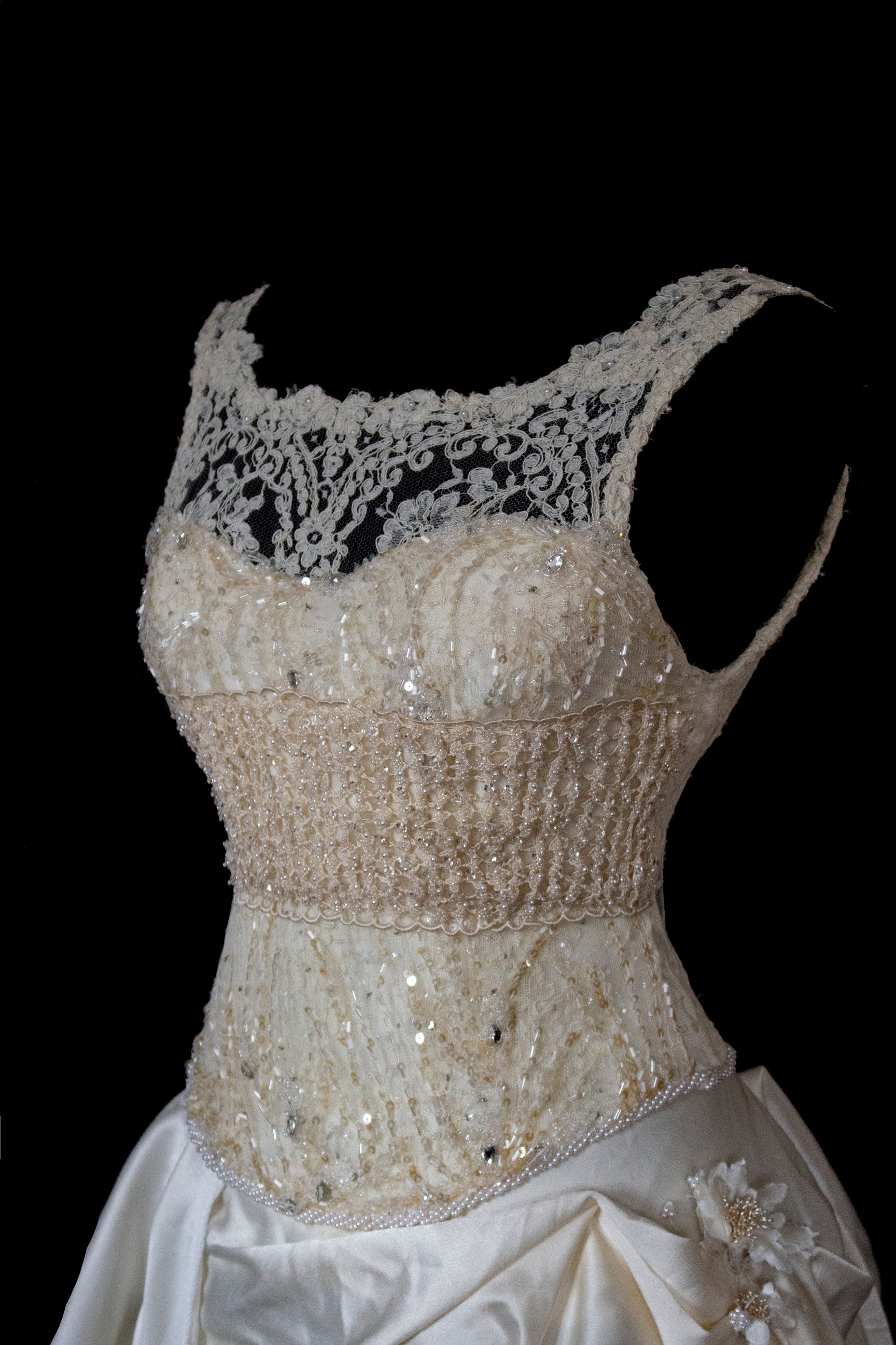 337 - IVORY CHAMPAGNE UPCYCLED COUTURE WEDDING DRESS: MIXED VINTAGE SILKS WITH HAND-EMBROIDERED LACE & FLORAL RAMAGE - Vague atelier