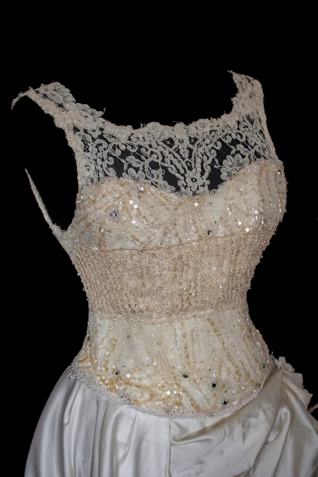 337 - IVORY CHAMPAGNE UPCYCLED COUTURE WEDDING DRESS: MIXED VINTAGE SILKS WITH HAND-EMBROIDERED LACE & FLORAL RAMAGE - Vague atelier