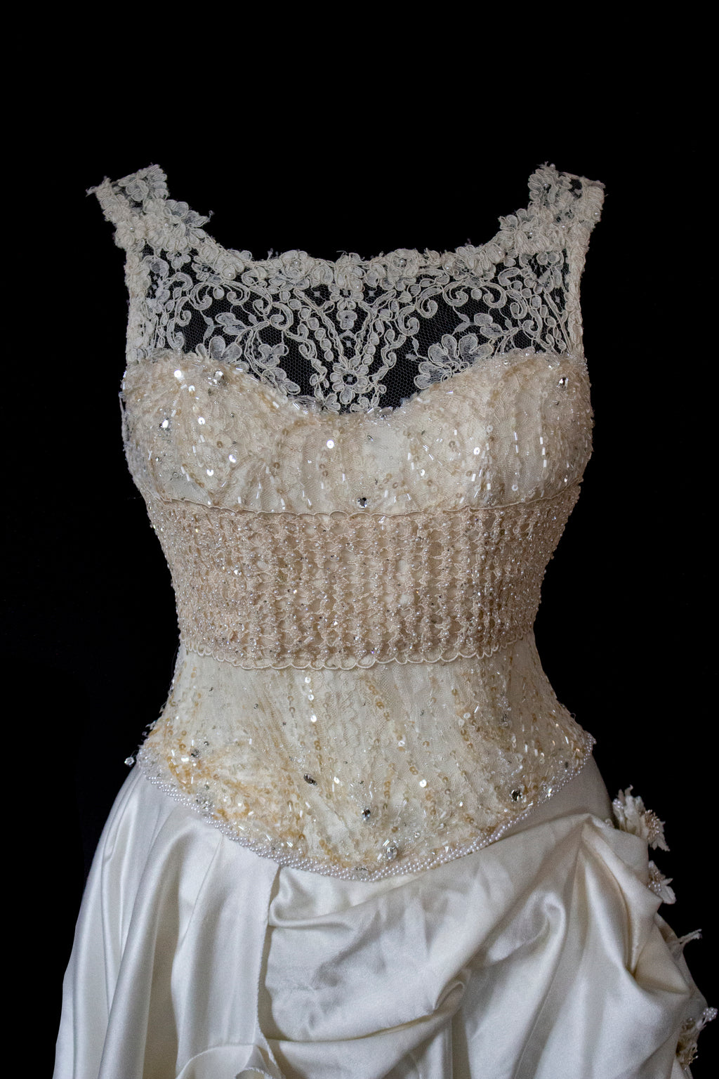 337 - IVORY CHAMPAGNE UPCYCLED COUTURE WEDDING DRESS: MIXED VINTAGE SILKS WITH HAND-EMBROIDERED LACE & FLORAL RAMAGE - Vague atelier