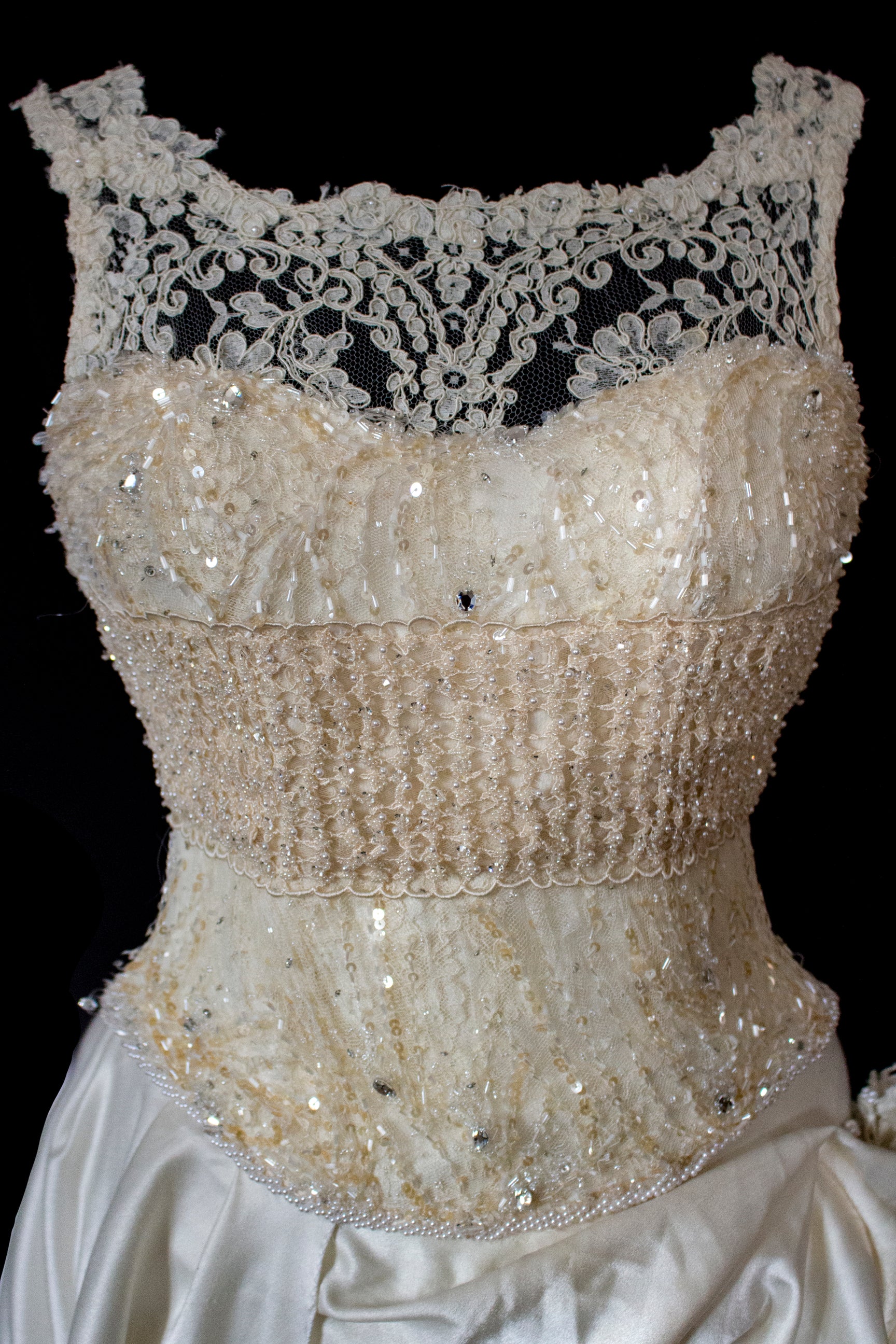 337 - IVORY CHAMPAGNE UPCYCLED COUTURE WEDDING DRESS: MIXED VINTAGE SILKS WITH HAND-EMBROIDERED LACE & FLORAL RAMAGE - Vague atelier
