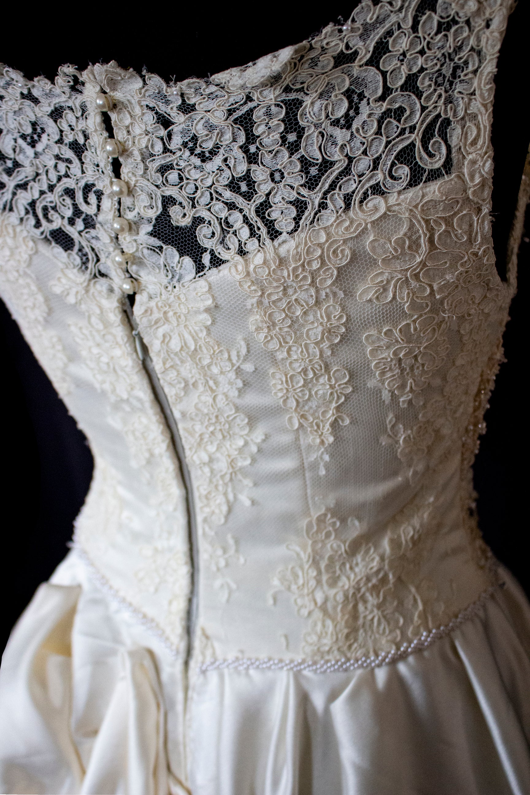 337 - IVORY CHAMPAGNE UPCYCLED COUTURE WEDDING DRESS: MIXED VINTAGE SILKS WITH HAND-EMBROIDERED LACE & FLORAL RAMAGE - Vague atelier