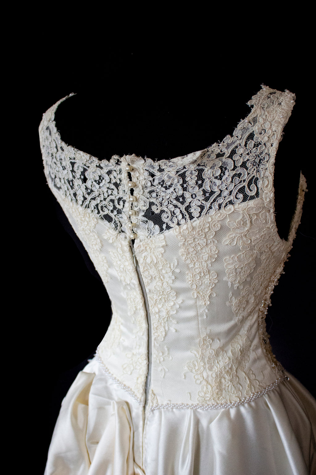 337 - IVORY CHAMPAGNE UPCYCLED COUTURE WEDDING DRESS: MIXED VINTAGE SILKS WITH HAND-EMBROIDERED LACE & FLORAL RAMAGE - Vague atelier